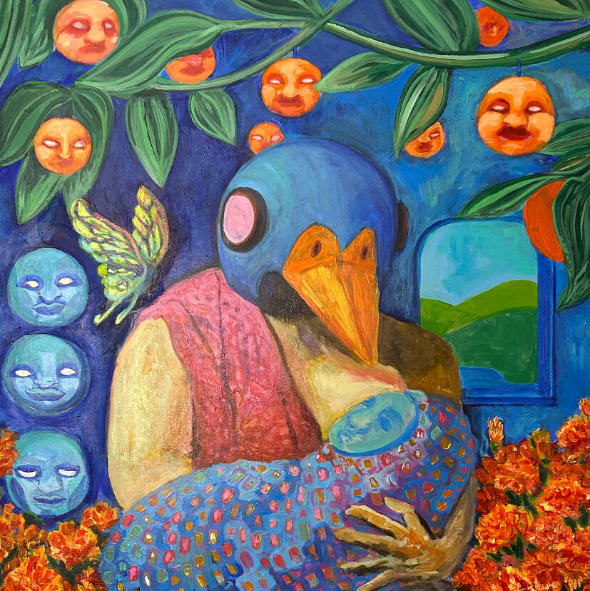 Bird Mother and Little Corn Baby - Acrylic on Canvas A figure with a bird mask on their head holds a blue baby made out of beads and fabric. The figures are surrounded by branches with fruits that have faces.
