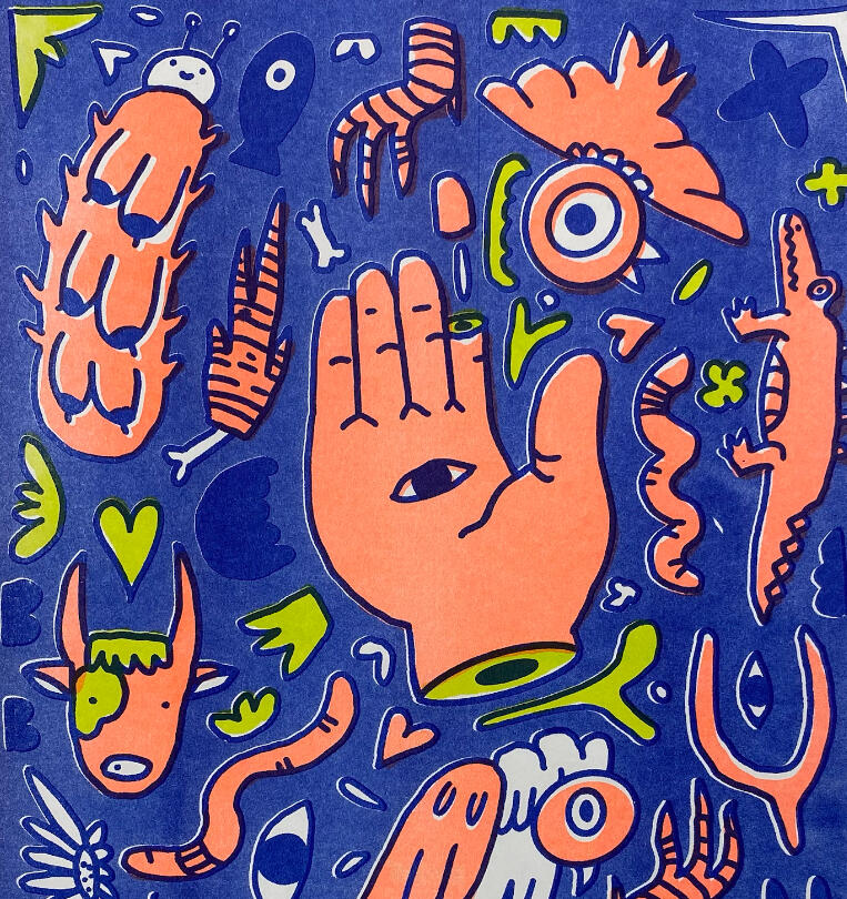 A blue, orange, white, and yellow riso print with various characters. There is a caterpillar with six boobs, an alligator, a severed hand with an eye in the palm, and a cow.