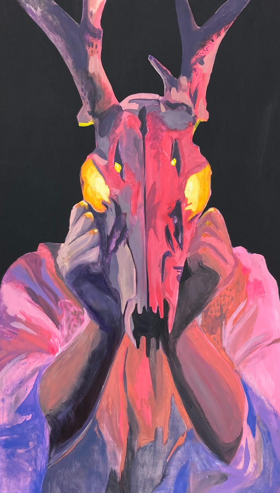 The Omen - Acrylic on Canvas A figure holding a deer skull over their face stands against a black background. The painting is made in purples, pinks, yellows, and oranges.